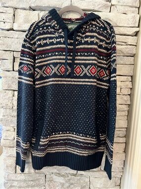 American Eagle Navy Fair Isle Hooded Sweater - Mens Size Large